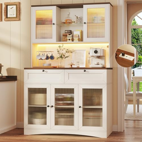 71" Kitchen Pantry Cabinet with Lights & Acrylic Doors, Pantry Storage Cabinet with Microwave Stand, Kitchen Hutch Food Cabinets with Charging Station, Adjustable Shelves, White
