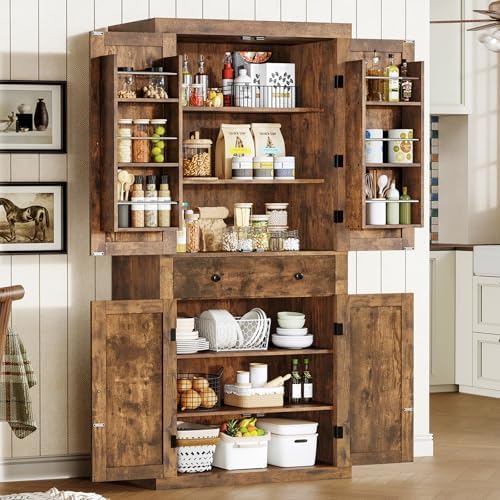 usikey 72†Kitchen Pantry Cabinet, Tall Storage Cabinet with 4 Doors and 1 Drawer, Freestanding Cupboard with 6 Hanging Shelves and Adjustable Shelves for Kitchen, Living Room, Rustic Brown