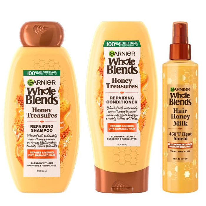 Garnier Whole Blends Honey Treasures Repairing Shampoo (22 Fl Oz), Conditioner (22 Fl Oz) + Hair Honey Milk 450F Heat Protectant Spray (2 Count) (8.5 Fl Oz) (4 Items), Bundle (Packaging May Vary)