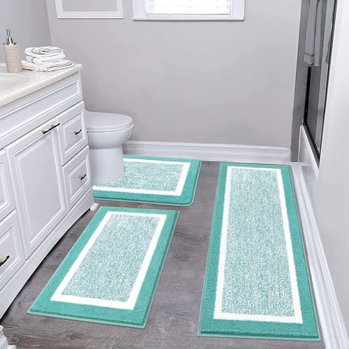 Pauwer 3 Piece Bath Mat Set, Non Slip Plush Bathroom Mats, Absorbent Shaggy Bathroom Rug Set with U-Shaped Contour Toilet Mat for Bedroom Living Room, Teal