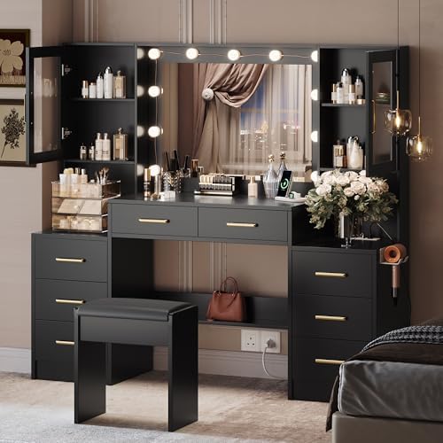 Makeup Vanity Desk with Mirror and Lights, 58.3" Makeup Vanity with Lights & Charging Station, Dressing Table Vanity Set White Vanity Table with Cushioned Stool, 8 Drawers & 2 Cabinets Black
