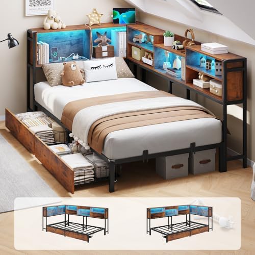 DICTAC Twin Size Corner Bed Frame with Bookcase Storage and Led Lights Metal Platform Beds with 2 Drawers and Charging Station Twin Daybed with Storage for Living Room,Bedroom & Guest Room,Rustic