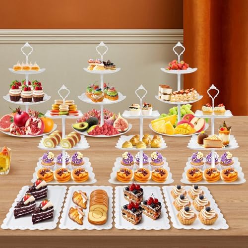 10 Pcs dessert table display set,3pcs 3 Tier cupcake stand,3pcs plastic wedding cake stands for party,4pcs cookie dessert trays,cake stands for tea party baby shower,White three tiered serving stand