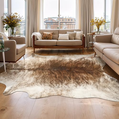 AROGAN 8x10 Feet Faux Cowhide Area Rugs for Living Room, Animal Skins Cow Hide Rug for Bedroom, Cool Western Christmas Decor, Thin Leather Cow Hide Carpets Fireplace Rug, Brownish