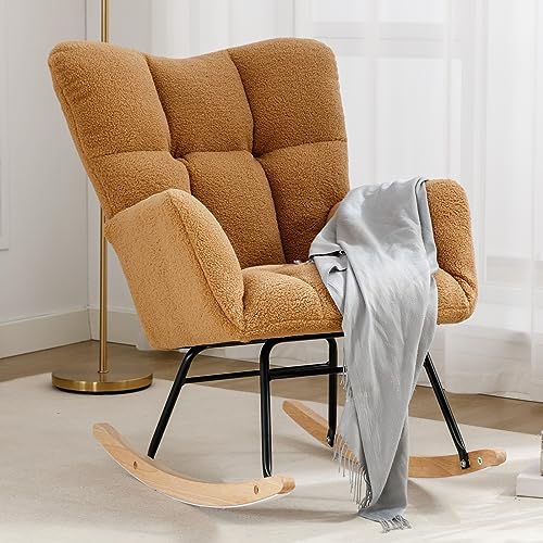 NIOIIKIT Nursery Rocking Chair Teddy Upholstered Glider Rocker Rocking Accent Chair Padded Seat with High Backrest Armchair Comfy Side Chair for Living Room Bedroom Offices (Kahaki Teddy)