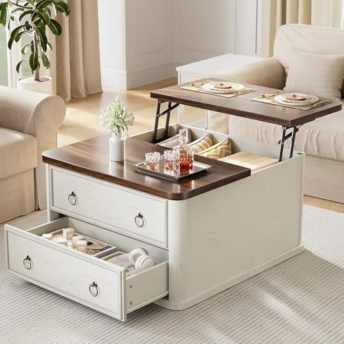 31.5" Lift Top Coffee Table with Storage,Square Coffee Tables with Lifting top for Living Room,Farmhouse Coffee Table with Storage Drawers and Large Hidden Compartment,Rustic White+Walnut