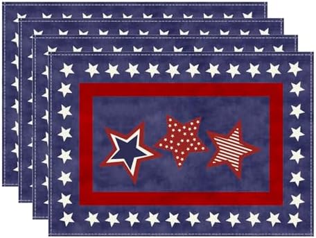 Blue Patriotic Red White Stars America 4th of July Memorial Day Independence Day Placemats Set of 4 Table Mats Decorations 12x18 Inch