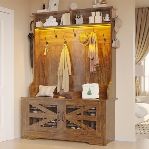 Itaar Hall Tree with Bench and Shoe Storage, 5-in-1 Entryway Bench with Coat Rack, 10 Shoe Cubbies & 9 Coat Hooks, Barn Door & Adjustable Shelf (Rustic Brown)