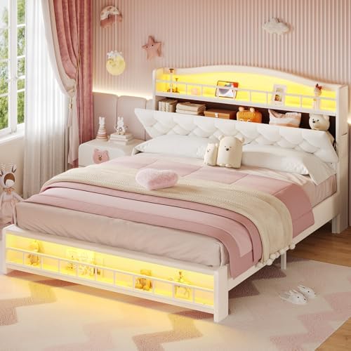 BTHFST Full Size Upholstered Girl Bed with LED Lights & Charging Station, Princess Platform Bed with Hidden Storage Headboard, No Box Spring Needed/Easy Assembly, Beige