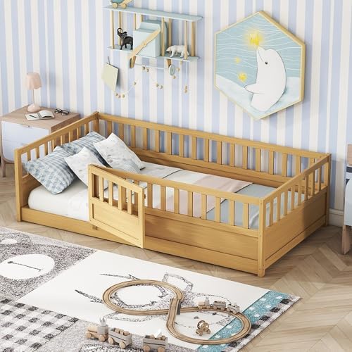 Bellemave Twin Floor Bed with High Fence, Twin Size Montessori Floor Beds with Door, No Box Spring Needed, Easy Assemble Montessori Bed Frame(Natural Twin)
