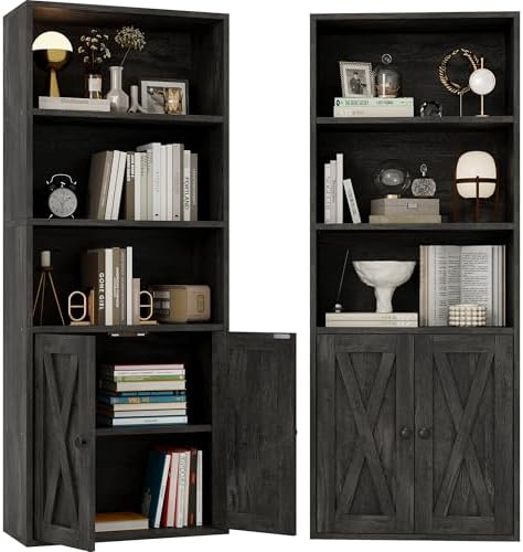 IRONCK Industrial Bookshelves and Bookcases with Doors 11.8 in Depth Set of 2 Floor Standing 5 Shelf Display Storage Shelves Bookcase Home Decor Furniture for Home, Office, Living Room, Bedroom