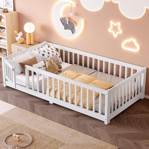 Bellemave Twin Size Kids Floor Bed Frame with Door and Fence,Montessori Floor Bed with Slats and Safety Guardrails for Girls Boys,Solid Wood, White