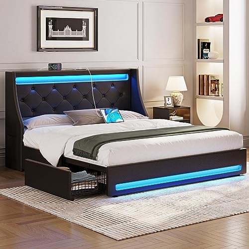 Rolanstar Queen Bed Frame with LED Lights and Charging Station, PU Leather Bed with Drawers, Wooden Slats, Noise Free, Easy Assembly, Black