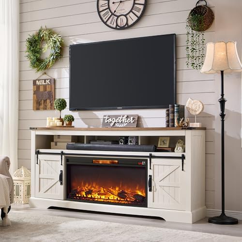 OKD Fireplace TV Stand for 80 Inch TV, 33" Tall Highboy Farmhouse Entertainment Center w/ 36'' Electric Fireplace, Rustic Media Console w/Sliding Barn Door for Living Room, Antique White