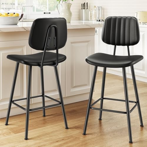 24-Inch Leather Bar Stools Set of 2, Counter Height Barstools with High Backrest,Bar Chairs for Kitchen Island with Heavy Duty Metal Legs, Black