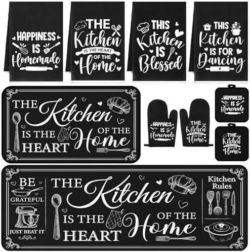 10 Pcs Farmhouse Kitchen Home Decor Set 4 Kitchen Dish Towels 2 Pot Holders 2 Oven Mitt Rustic Rug and Mat for Cooking Baking Daughter Mom Gift Decor (Black)