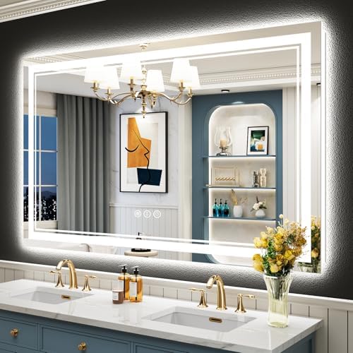 55x36 LED Bathroom Mirror with Lights, Backlit + Front Lit, Anti-Fog Lighted Vanity Mirror for Bathroom Wall with 3 Colors, Stepless Dimmable, Memory, Shatter-Proof, Tempered Glass, ETL Listed