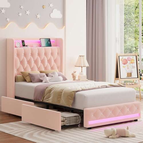HIFIT Upholstered Twin LED Bed Frame with Charging Station Headboard & 4 Storage Drawers, Velvet Crystal Button-Tufted Princess Twin Size Platform Bed Frames for Kids/Girls, No Box Spring Needed, Pink