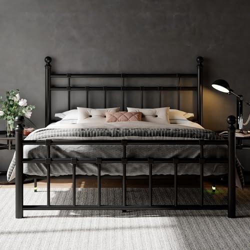 Feonase Queen Metal Platform Bed Frame with Victorian Classic Iron-Art Headboard & Footboard, Steel Slats Support, 12" Under Bed Storage, No Box Spring Needed, Noise-Free, Black