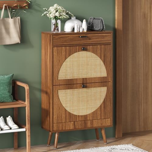 Yechen Shoe Rack Storage Organizer with 2 Natural Semi-Circular Rattan Doors, Entryway Wooden Shoe Cabinet for Sneakers, Leather Shoes, High Heels, Slippers (1 Piece, Walnut)