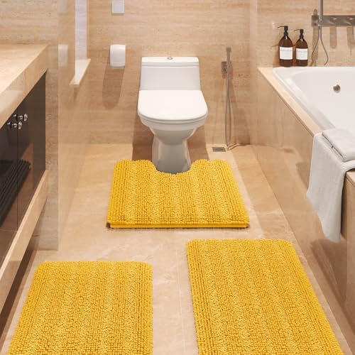 ACCUMTEK Striped Yellow Bathroom Rug Set 3 Pieces Ultra Soft, Non Slip Chenille Toilet Mat, Absorbent Plush Shaggy Bath Mats for Bathroom, Bedroom, Kitchen