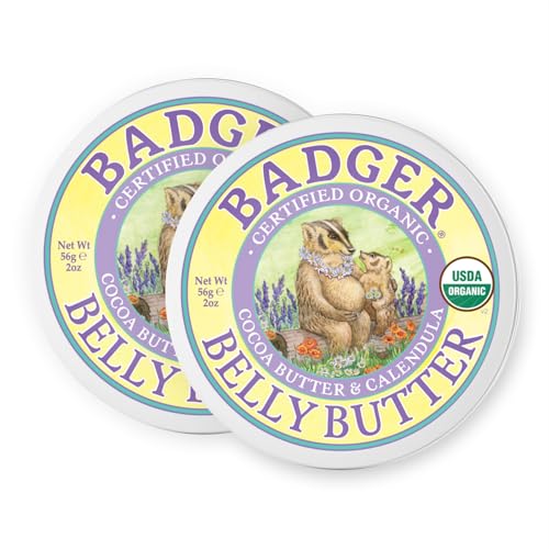 Badger Belly Butter, Organic Stretch Mark Cream for Pregnant Belly, Rich Hypoallergenic Moisturizing Organic Cocoa Butter & Coconut Body Butter for Women, 2 oz Tin, 2-Pack