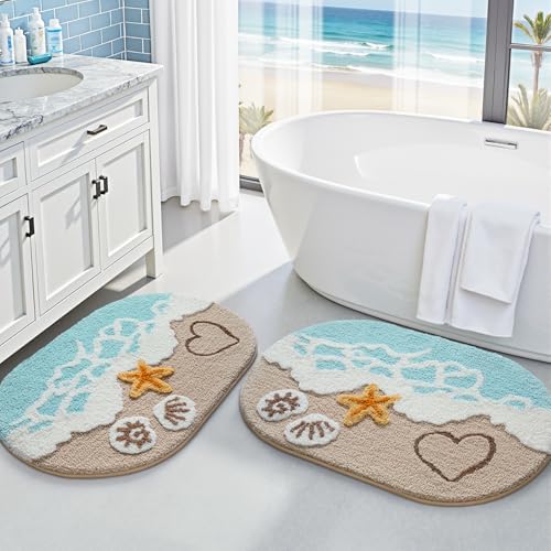 LUMI 2 Piece Beach Bathroom Rugs Set, Non Slip Bath Mat Ultra Soft Washable Absorbent Quick Dry, Ocean Sea Theme Bath Rug with Starfish Shell for Shower Floor, Kitchen Decor, Kids Room, 22"x34"