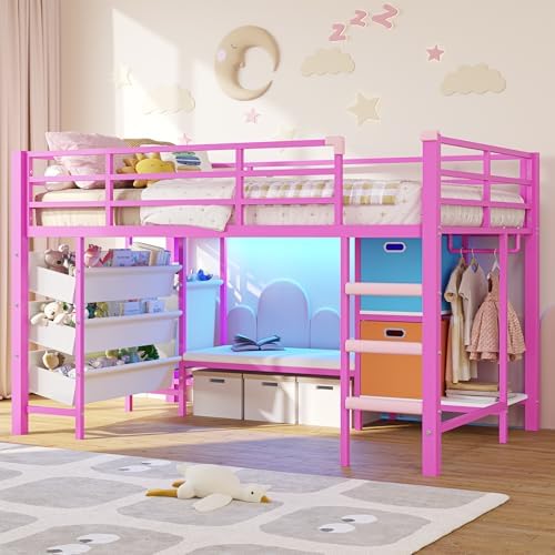DICTAC Low Twin Size Loft Bed with Reading Corner and Bookshelf,Metal Twin Loft Bed with LED Lights,3 Sling Drawers&2 Movable Storage Bins,loft bed for Kids with 13.98"H Safety Guardrail & Stairs,Pink