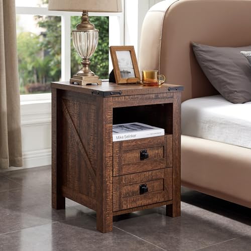 T4TREAM Nightstand with Charging Station, End Table, Side Table with 2 Drawers Storage Cabinet for Bedroom, Living Room, Farmhouse Design, Wood Rustic, Reclaimed Barnwood