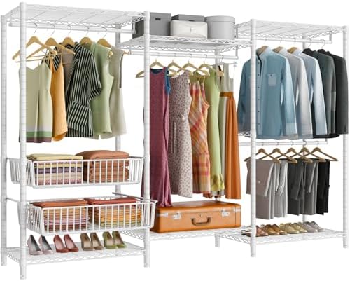 VIPEK V10 Wire Garment Rack 5-Tiers Heavy Duty Clothes Rack Large Size Clothing Rack with 4 Hanging Rods, 6 Wire Shelves and 2 Slid Baskets, 68.9" W x 15.7" D x 76.4" H, Max Load 920 LBS, White