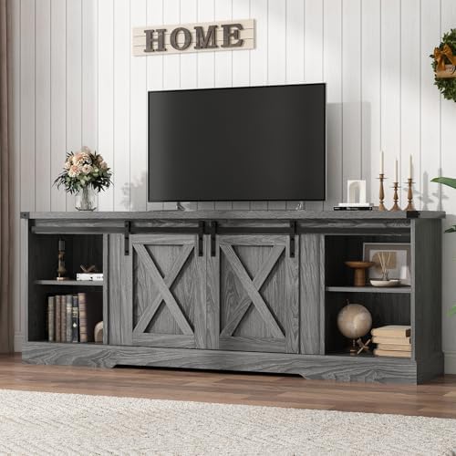 Farmhouse TV Stand for 70/75/80 Inch TV, Entertainment Center Storage Cabinets with Sliding Barn Doors, Media Console Cabinet for Living Room, Grey