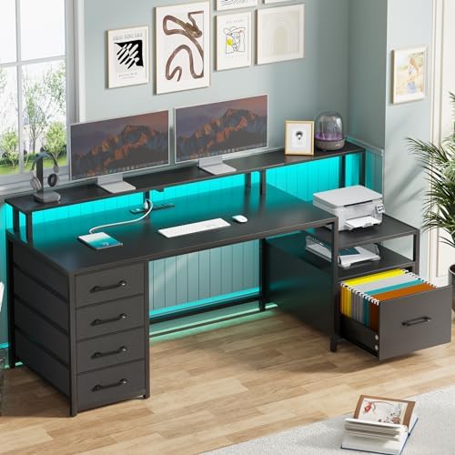 SEDETA Computer Desk with 5 Drawer, Power Outlet & Led Lights, 66'' Home Office Desk with File Drawer, Storage, Monitor Shelf, Gaming Desk, Black