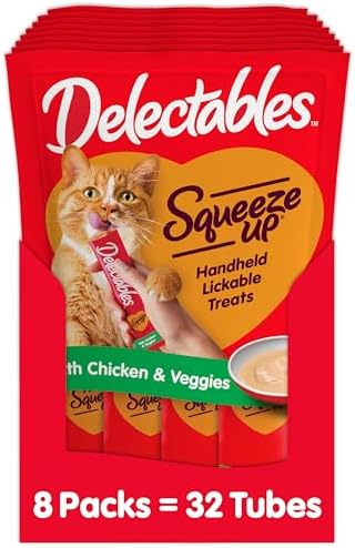 Hartz Delectables Squeeze Up Interactive Lickable Wet Cat Treats for Adult & Senior Cats, Chicken & Veggies, 4 Count (Pack of 8)