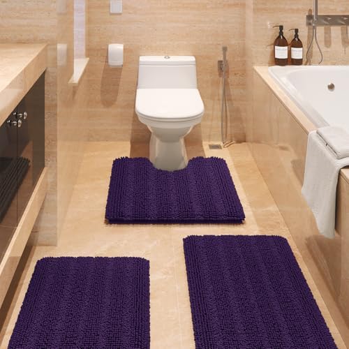 Striped Eggplant Purple Bathroom Rug Set 3 Pieces Ultra Soft, Non Slip Chenille Bath Carpet, Absorbent Plush Shaggy Bath Mats for Bathroom, Toilet, Bedroom, Kitchen