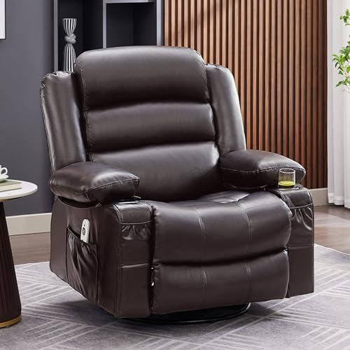 Rocker Recliner Chair with Heat and Massage, 360° Swivel Recliner Chairs for Adults, Oversized Recliner Single Sofa Seat with Cup Holders, Lazy Boy Recliner (Darkbrown, Regular)