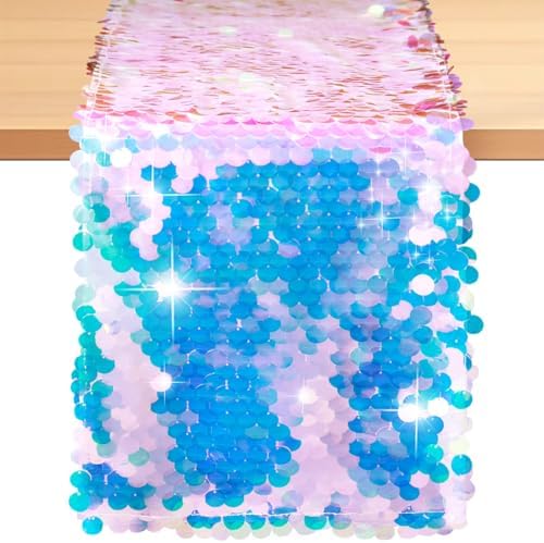 1 Pack Mermaid Party Table Runner 12 x 84 Inches Mermaid Tail Scales Sequin Table Runner Glitter Holographic Table Cover for Birthday Party Ocean Decorations