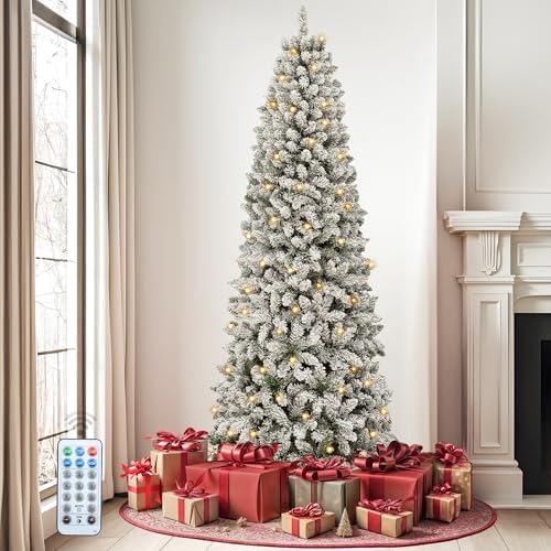 DWVO 7.5ft Snowy Pencil Christmas Tree with Lights, Elegant Kingswood Fir, Folding Faux Slim Xmas Tree with 1000 Branch Tips and 350 Lights for Residence, Workplace, Festive Ornamentation