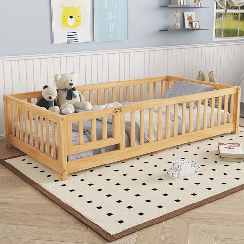 Bellemave Twin Floor Bed Frame with Slats and Safety Guardrail, Wood Twin Size Montessori Floor Bed with Door and Fence, Easy Assemble Montessori Beds for Kids, Girls, Boys, Natural