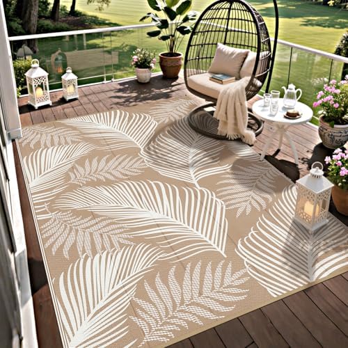 Pauwer Waterproof Outdoor Rug 5x8, Reversible Plastic Straw Patio Camping Rug, Indoor Outdoor RV Mat Carpet for Deck, Camper, Porch, Balcony, Backyard, Picnic, Leaf Brown