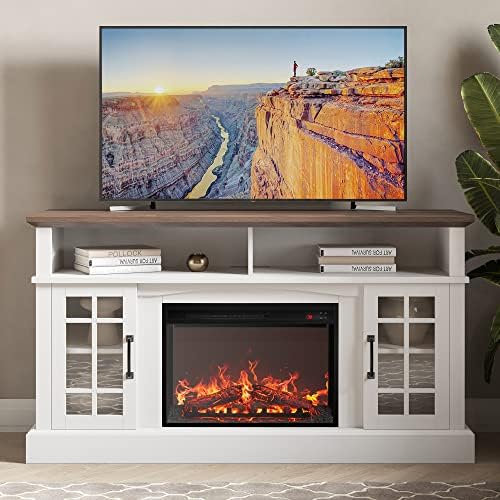 BELLEZE Traditional 58" Rustic TV Stand with 23" Electric Fireplace Heater with Sound, Media Entertainment Center Console Table for TV up to 65" with Open Storage Shelves and Cabinets - White