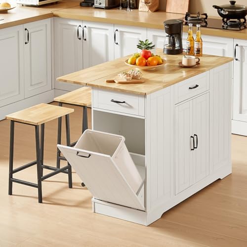 ONBRILL Stationary Kitchen Islands Include 2 Chairs, 47" Kitchen Island with Drop Leaf, Home Bar Table with Spice Rack & with Trash Cabinet, Island Table for Dining Room with Power Outlet, White