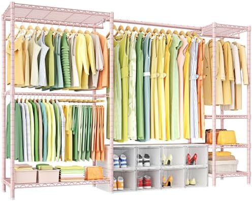 Ulif E10 Clothes Rack(With Stretchable Hanger Rod)Freestanding Clothing Racks for Hanging Clothes,Adjustable Closet Organizer System,Portable Garment Rack 73-97"W x 15" D x 72" H,Max Load 800LBS,Pink