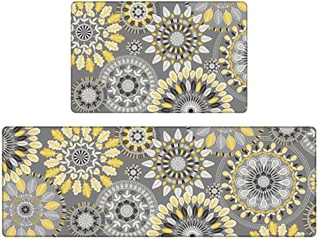 Pauwer Boho Kitchen Rugs Set of 2 Anti Fatigue Mats for Kitchen Floor Cushioned Kitchen Rugs and Mats Non Skid Waterproof Kitchen Runner Comfort Standing Mat Yellow