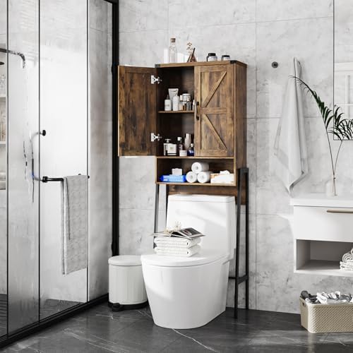 Over The Toilet Storage Cabinet with 2-Door Design Bathroom Organizers and Storage with Anti-Tip Device Over Toilet Organizer with Shelves for Bathroom,Restroom,Laundry Brown