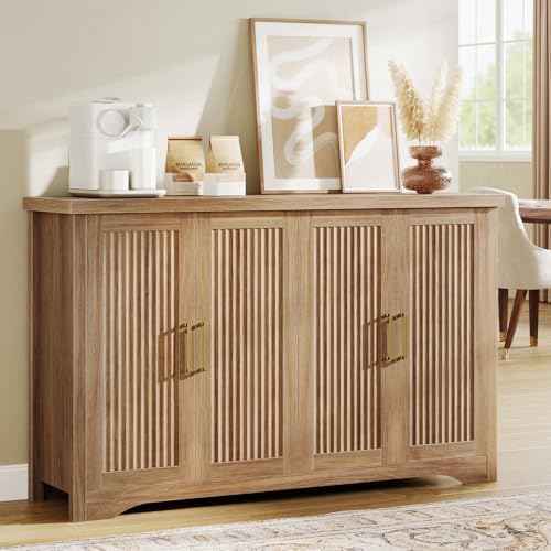 Fluted Buffet Cabinet with Storage Accent Sideboard,Modern Credenza with 4 Doors & Adjustable Shelves,Wood Coffee Bar Table Console for Dining Room Kitchen Living Room Entryway,Natural Oak