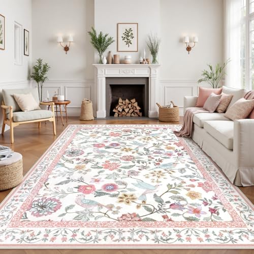 Floral Washable 8x10 Area Rug for Living Room, Soft Pink Large Girls Bedroom Rug, Non-Slip Low Pile Flower Birds Dining Room Rug, Botanical Floor Carpet for Kids Classroom Office