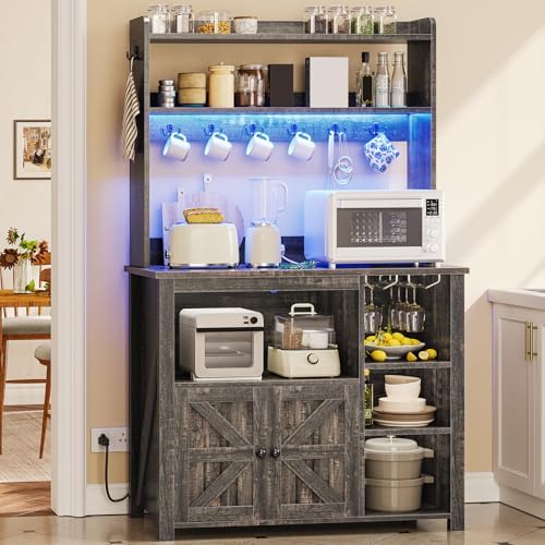Itaar Coffee Bar Cabinet, Bakers Rack with Power Outlet and Storage, Farmhouse Microwave Stand Kitchen Cabinet with Hutch, LED Lights, Wine Glass Holder and 8 Hooks (Grey)