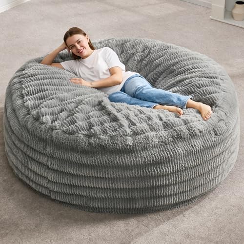 Hobestluk Bean Bag Chairs Beanbag Chair with Filler Adult Bean Bags with Fluffy Ripple Cover, Giant Bean Bag Chairs for Adults (Grey, 5FT - 50" x 50" x 24")