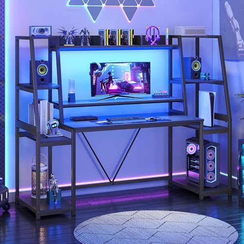 SEDETA Gaming Desk 65.7'' with LED Lights, Hutch and Storage Shelves, Computer Desk with Monitor Stand, Large PC Gamer Desk Workstation, Ergonomic Gaming Table for Bedroom, Living Room, Black