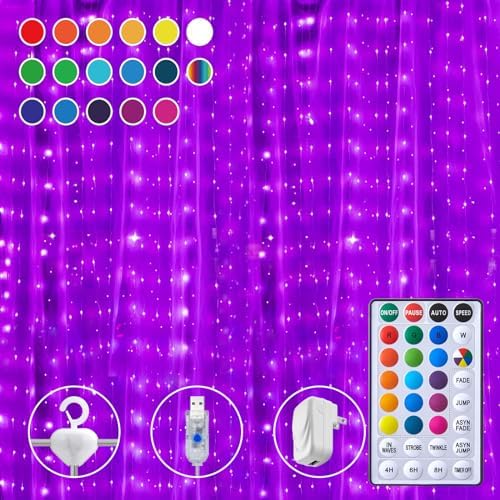 16 Colors Changing Curtain Lights - 250 LED 9.8 X 8.8 FT Fairy String, 7 Modes Twinkle with Remote, Backdrop Wall Hanging Dripping for Bedroom Backyard Halloween Christmas Decor